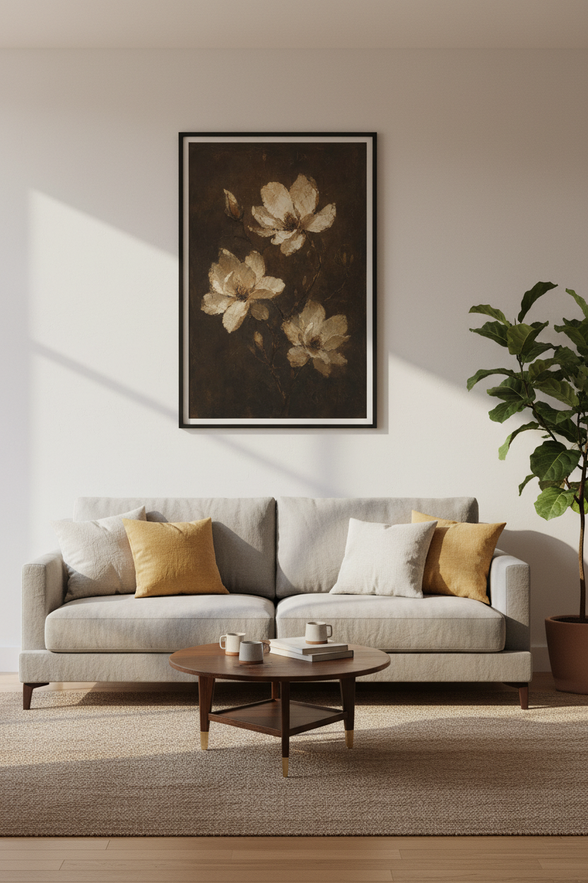 Dark Magnolia Floral Wall Art | Moody Vintage Botanical Decor | Brown Antique Style Poster