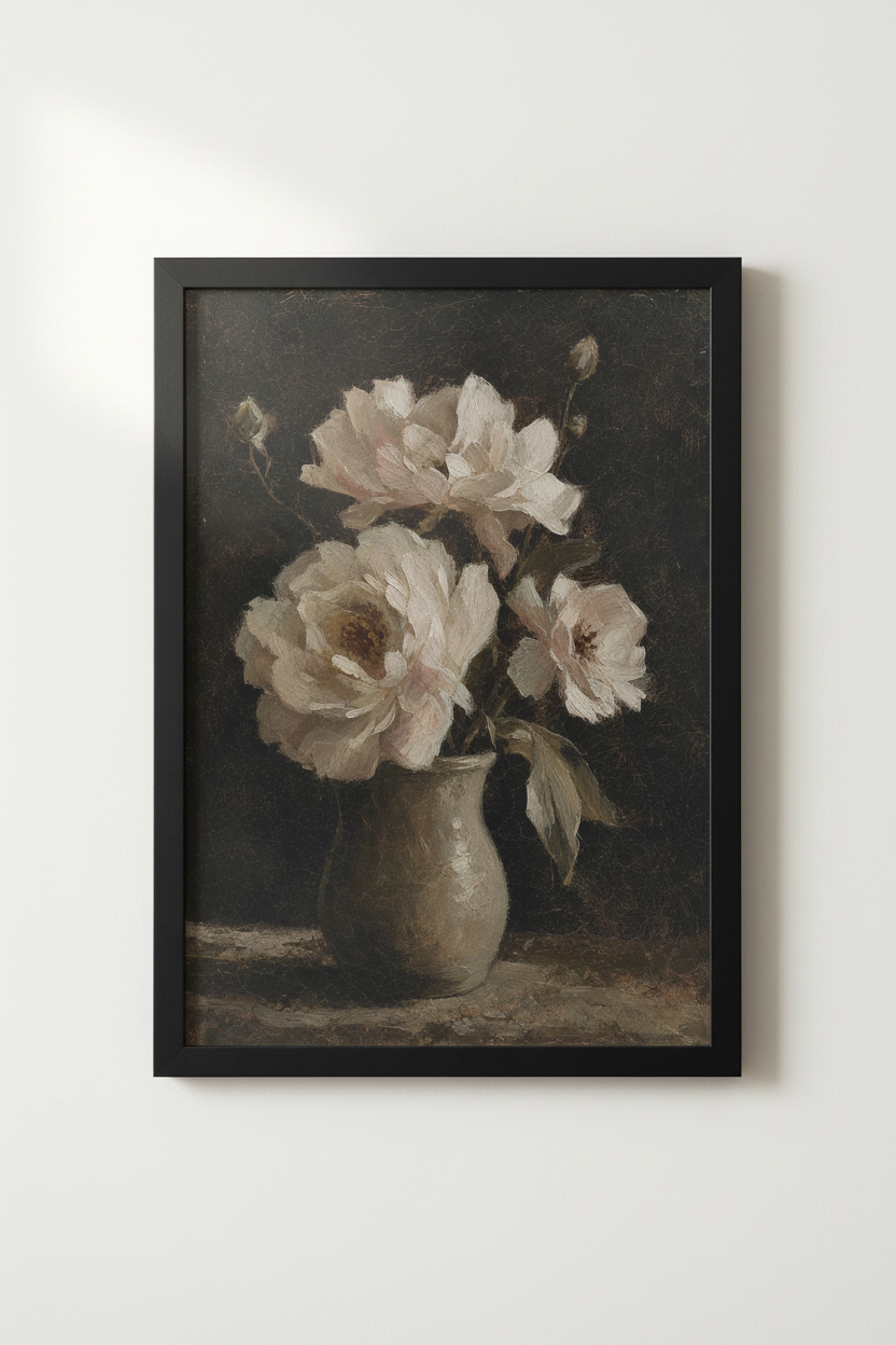 Moody Peonies Oil Painting | Dark Floral Vintage Poster, Bedroom Decor