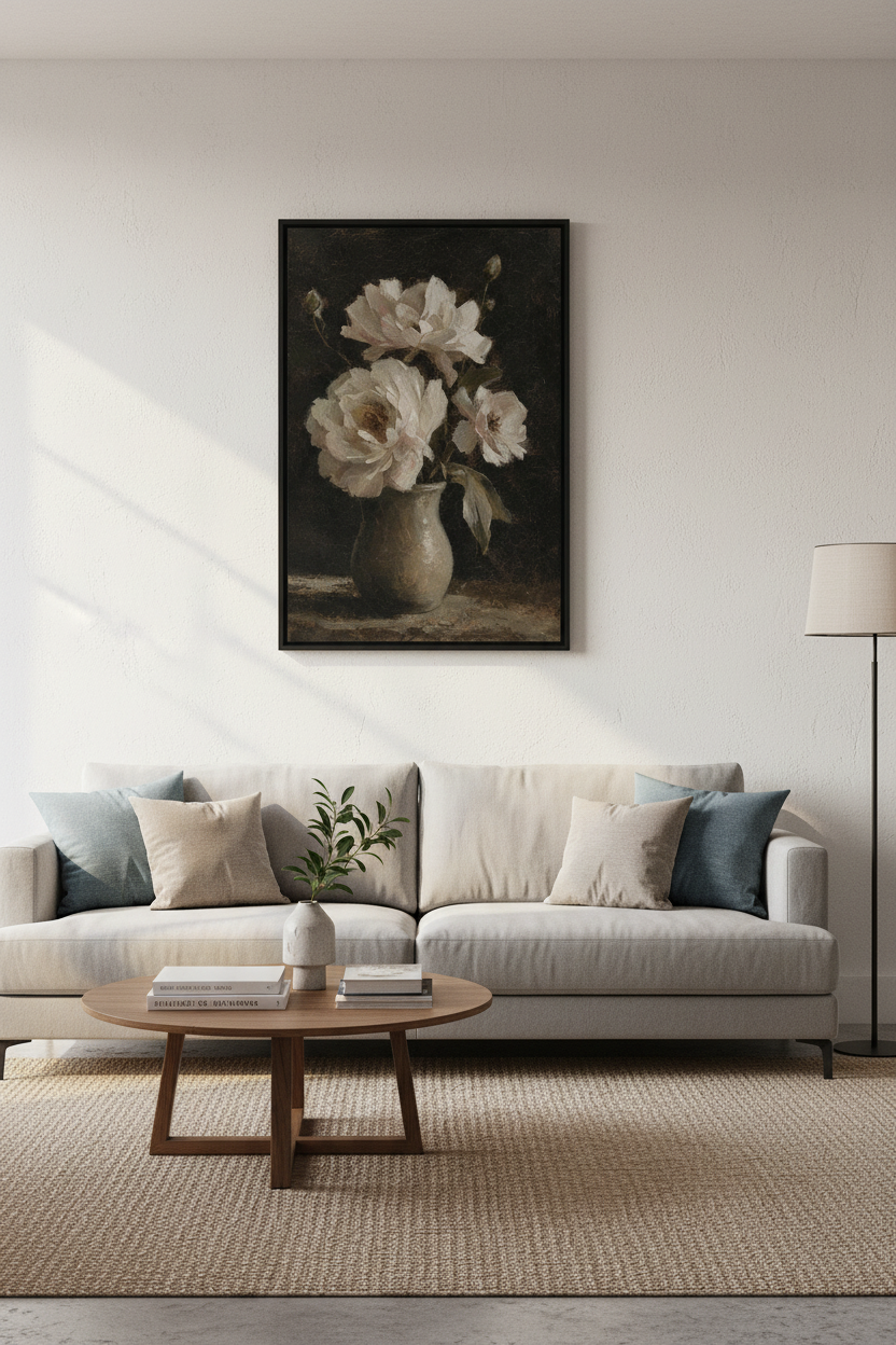 Moody Peonies Oil Painting | Dark Floral Vintage Poster, Bedroom Decor