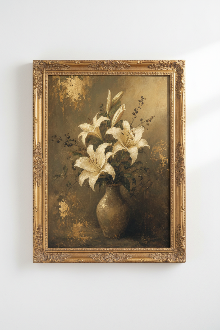 Vintage Lily Print | Rustic Gold Tones Wall Art | Living Room Decor