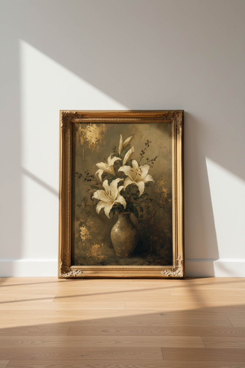 Vintage Lily Print | Rustic Gold Tones Wall Art | Living Room Decor