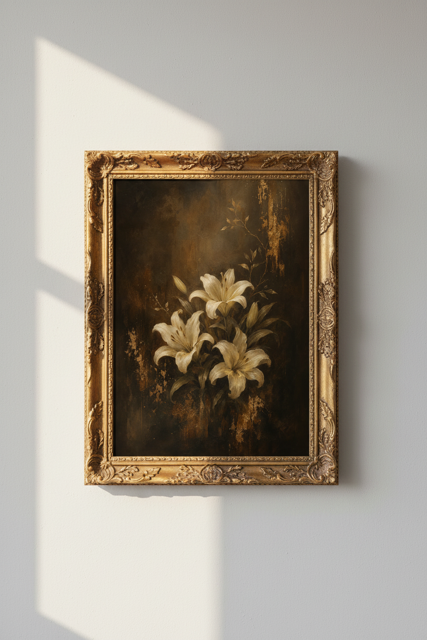 Vintage Floral Poster | Dark Brown Palette, Living Room Decor