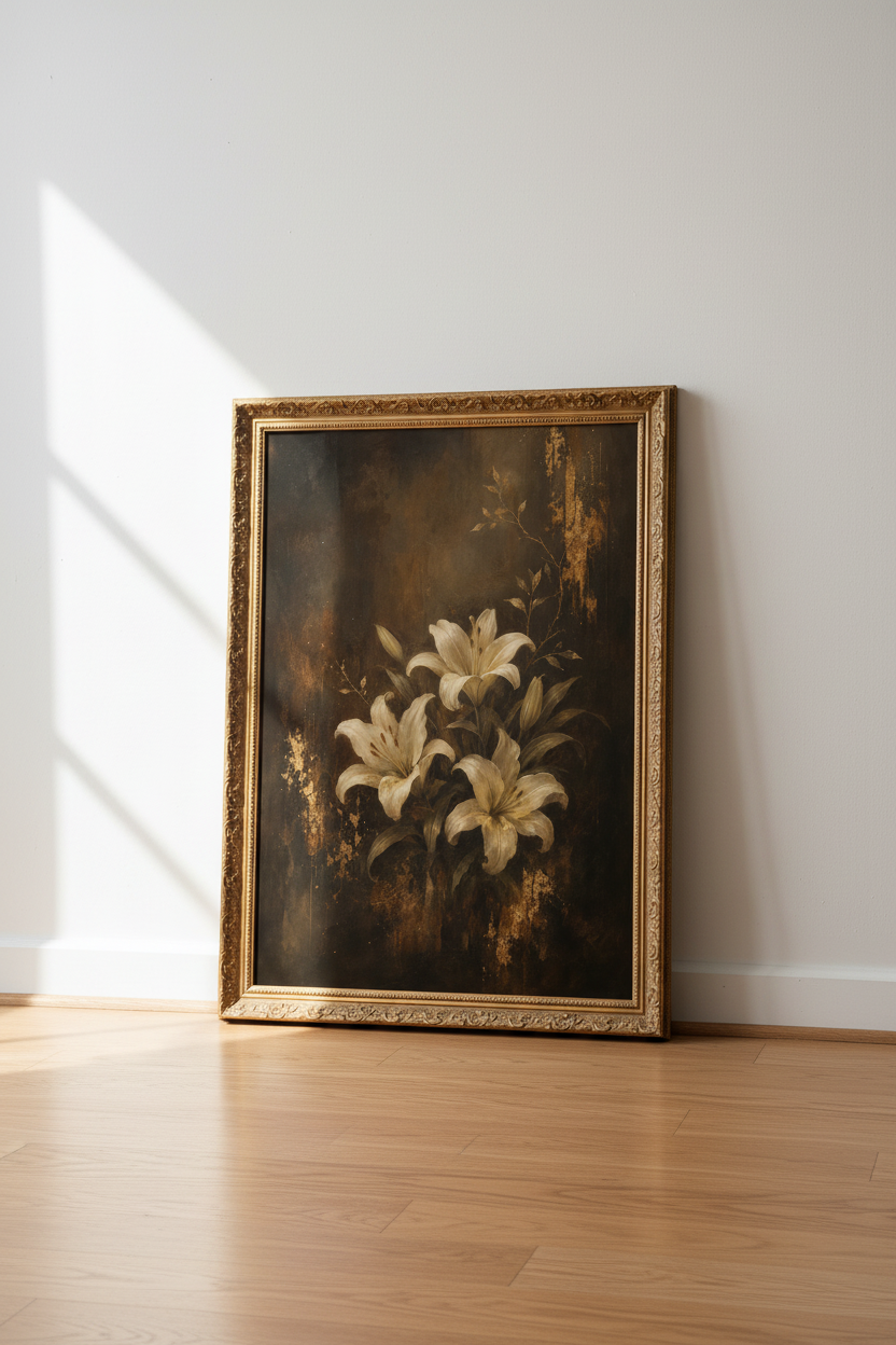 Vintage Floral Poster | Dark Brown Palette, Living Room Decor