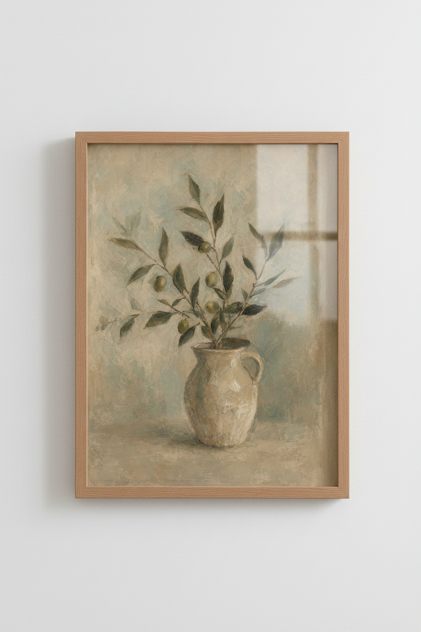 Olive Branch Oil Painting | Vintage Farmhouse Wall Decor | Rustic Kitchen Poster
