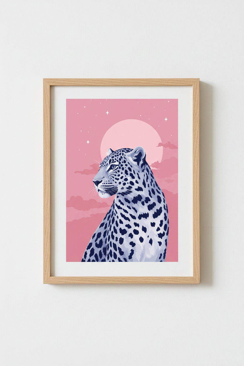 Pink Leopard Art Print | Celestial Moon Gallery Decor | Pastel Dreamcore Poster