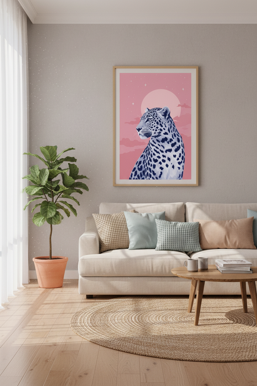 Pink Leopard Art Print | Celestial Moon Gallery Decor | Pastel Dreamcore Poster