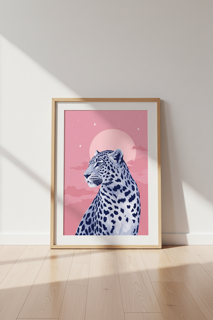 Pink Leopard Art Print | Celestial Moon Gallery Decor | Pastel Dreamcore Poster