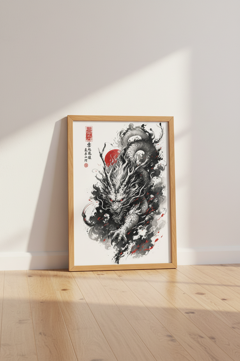 Japanese Dragon Ink Wash Wall Art | Red Sun Black White Poster, Gaming Decor