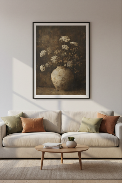 Moody Floral Still Life | Dark Earth Tones, Rustic Botanical Wall Art Print