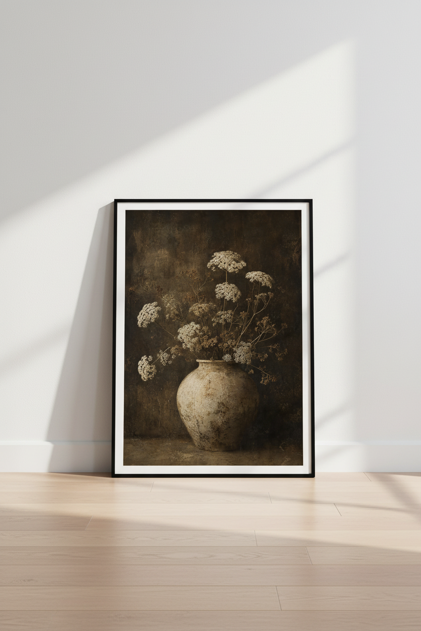 Moody Floral Still Life | Dark Earth Tones, Rustic Botanical Wall Art Print