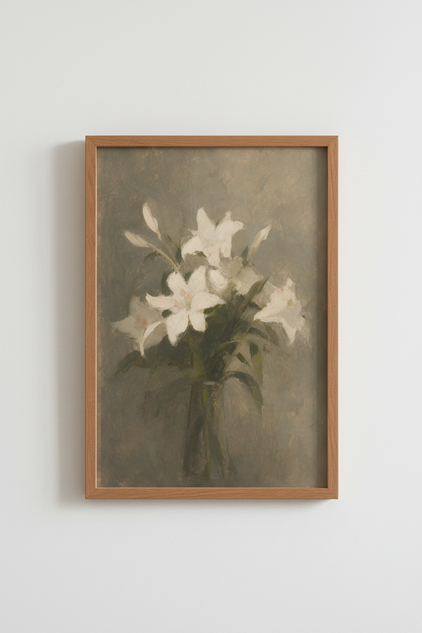Lilies wall art | Impressionist Floral, Neutral Tones | Living Room Decor