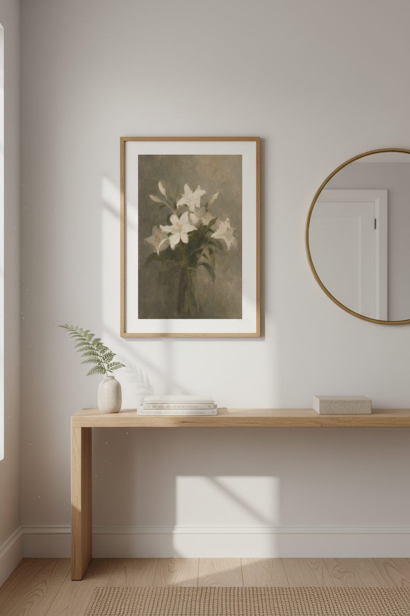 Lilies wall art | Impressionist Floral, Neutral Tones | Living Room Decor