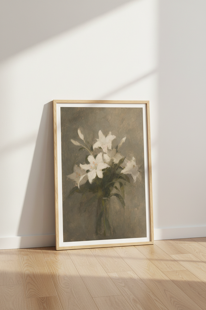 Lilies wall art | Impressionist Floral, Neutral Tones | Living Room Decor