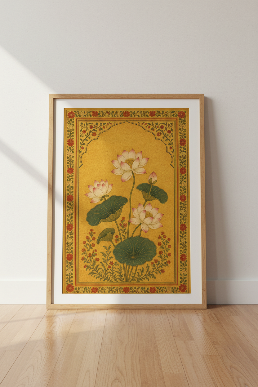 Indian Lotus Wall Art | Mughal Style Floral Decor, Botanical Poster