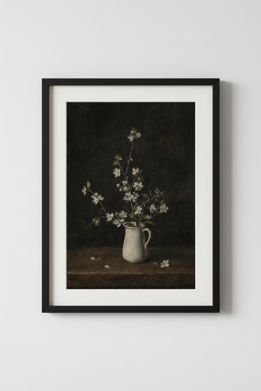 Moody White Floral Oil Painting | Dark Academic Still Life, Vintage Wall Art
