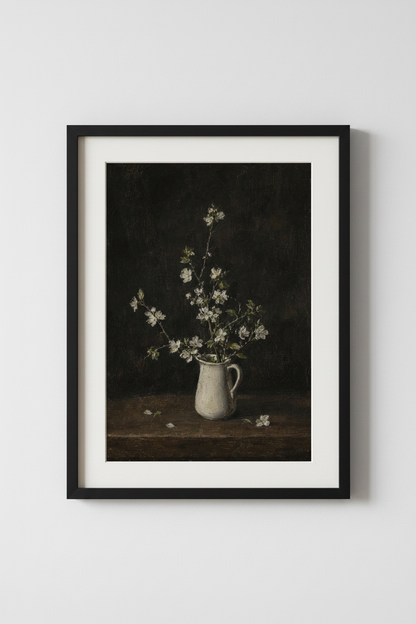 Moody White Floral Oil Painting | Dark Academic Still Life, Vintage Wall Art