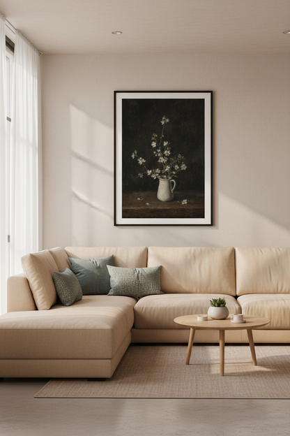 Moody White Floral Oil Painting | Dark Academic Still Life, Vintage Wall Art