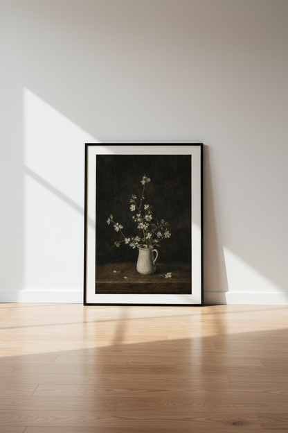 Moody White Floral Oil Painting | Dark Academic Still Life, Vintage Wall Art