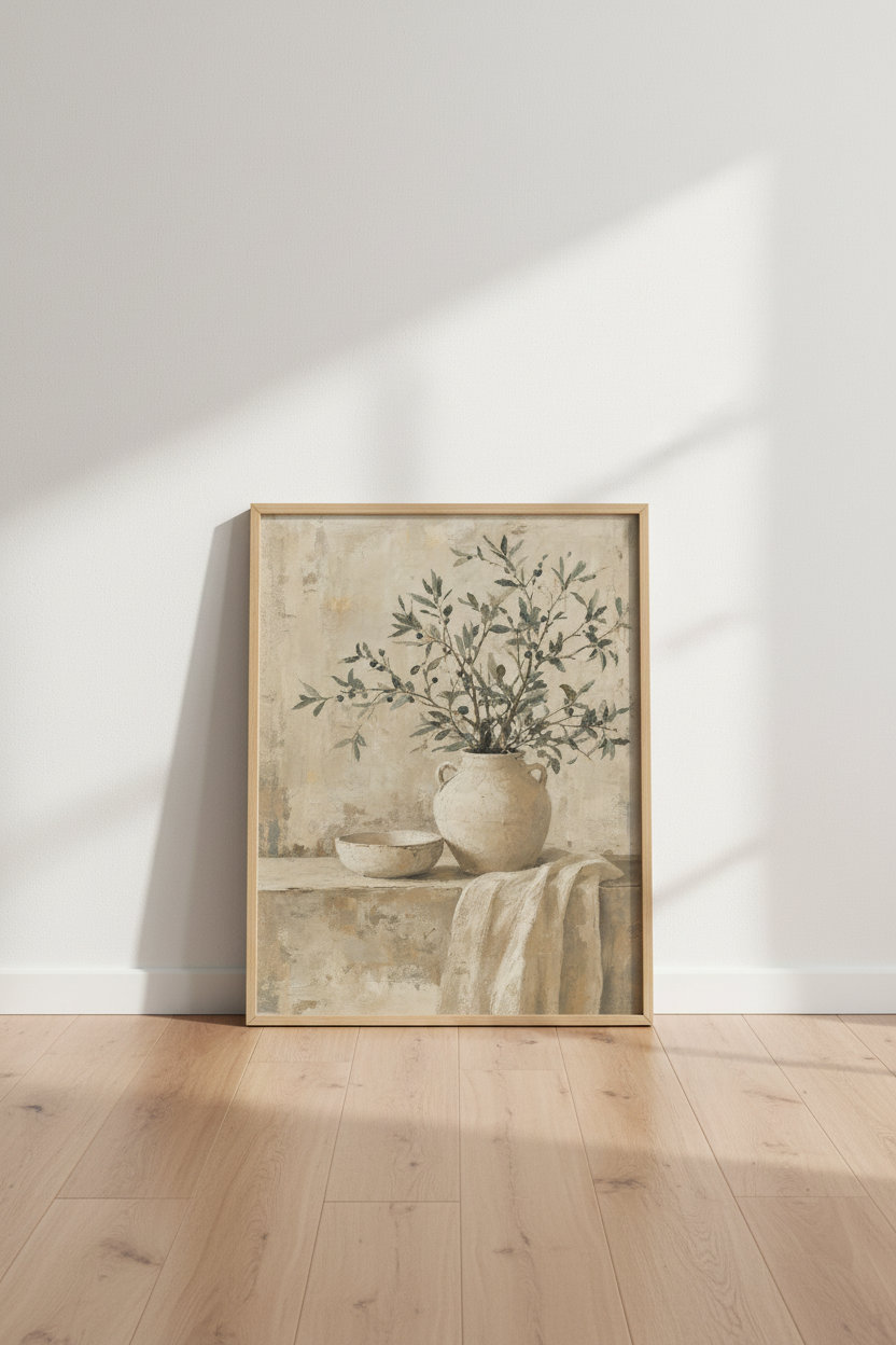 Olive Branch Still Life | Rustic Neutral Botanical, Mediterranean Kitchen Wall Art Print