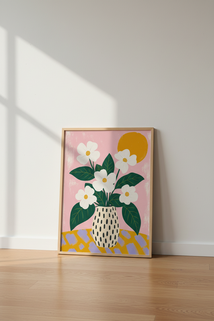 White Flower Vase Wall Art | Pink Boho Floral Poster, Colorful Room Decor