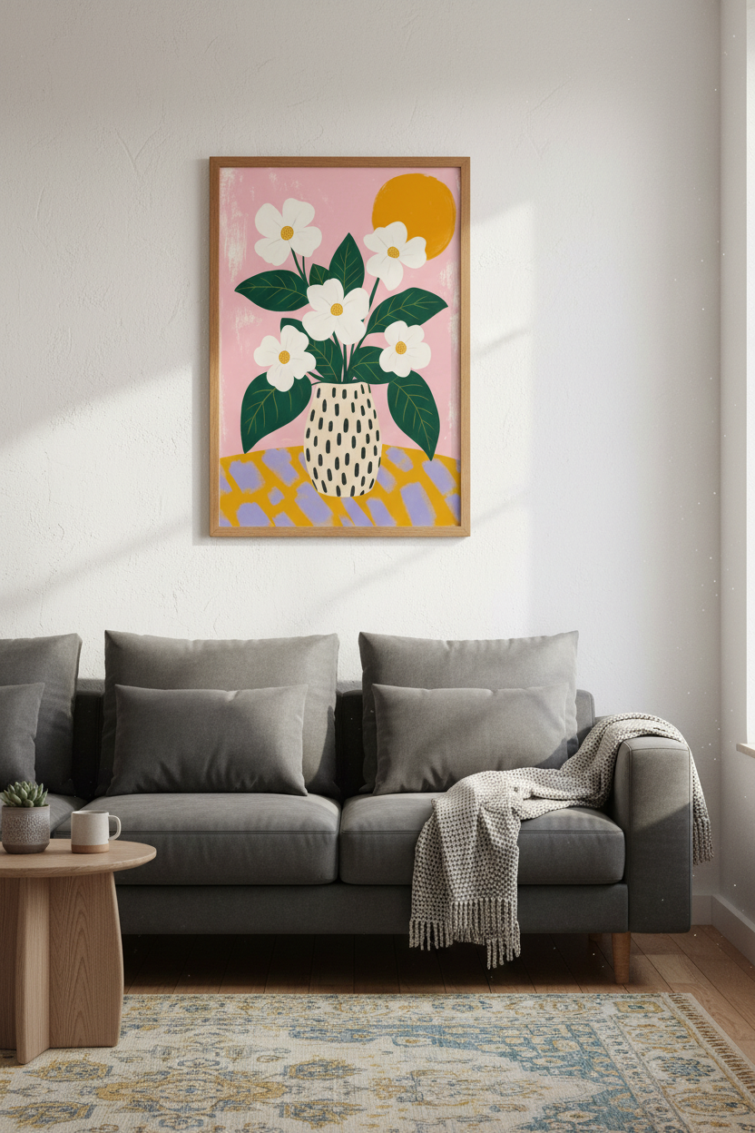 White Flower Vase Wall Art | Pink Boho Floral Poster, Colorful Room Decor