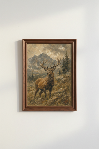 Deer Wall Art Print | Rustic Mountain Scene, Oil Painting Style | Living Room Decor