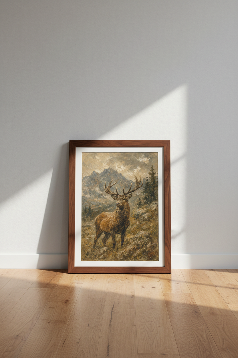 Deer Wall Art Print | Rustic Mountain Scene, Oil Painting Style | Living Room Decor