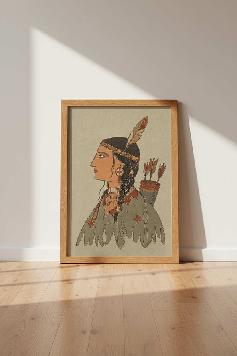 Indigenous Warrior Woman Wall Art | Earthy Folk Style Print | Rustic Boho Decor