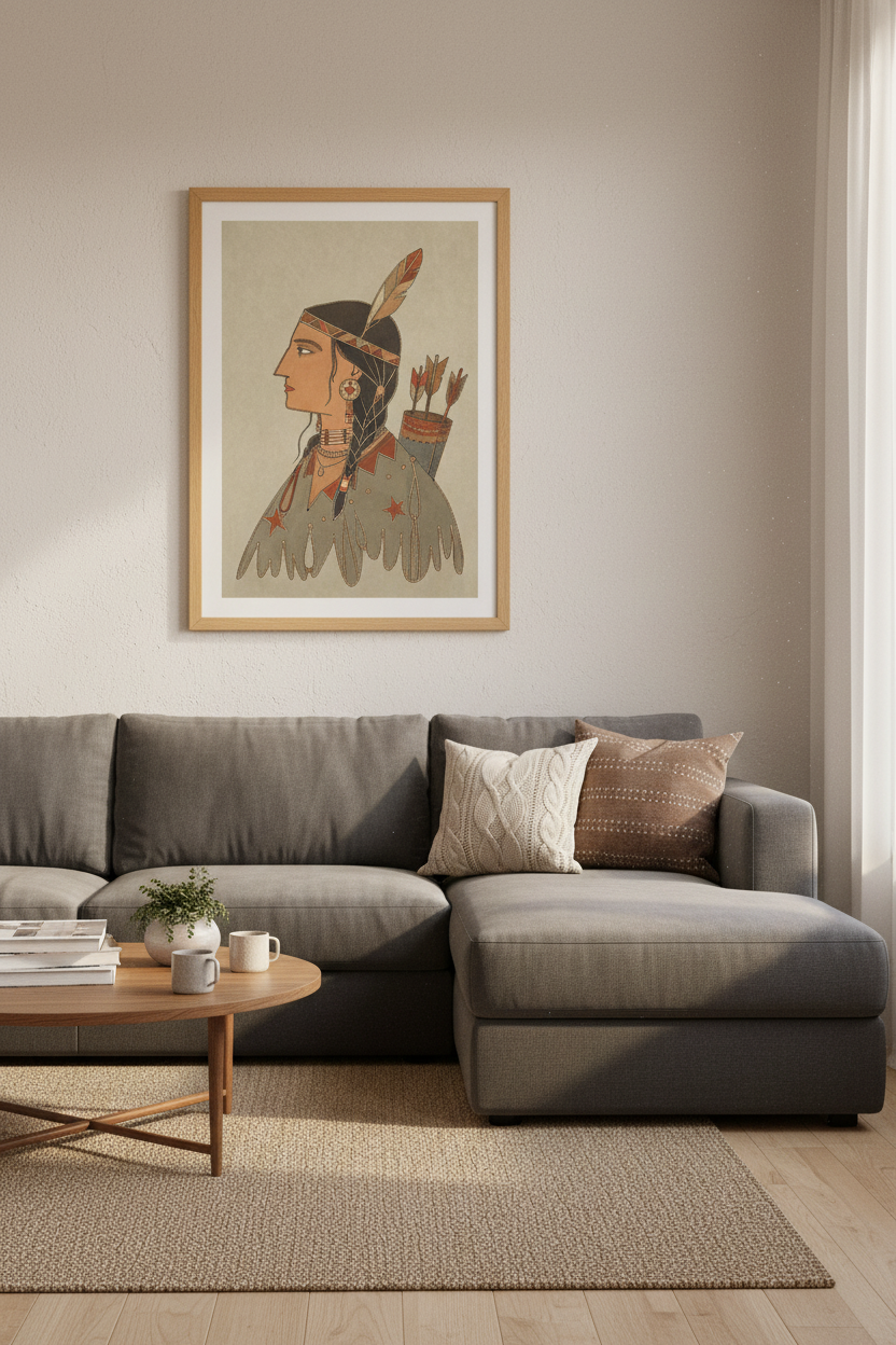 Indigenous Warrior Woman Wall Art | Earthy Folk Style Print | Rustic Boho Decor