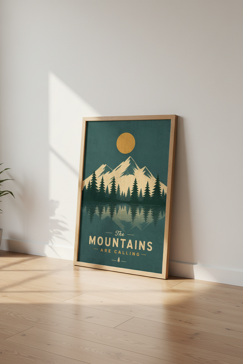 Mountain Landscape Wall Art | Retro Forest Green Poster | Nature Decor