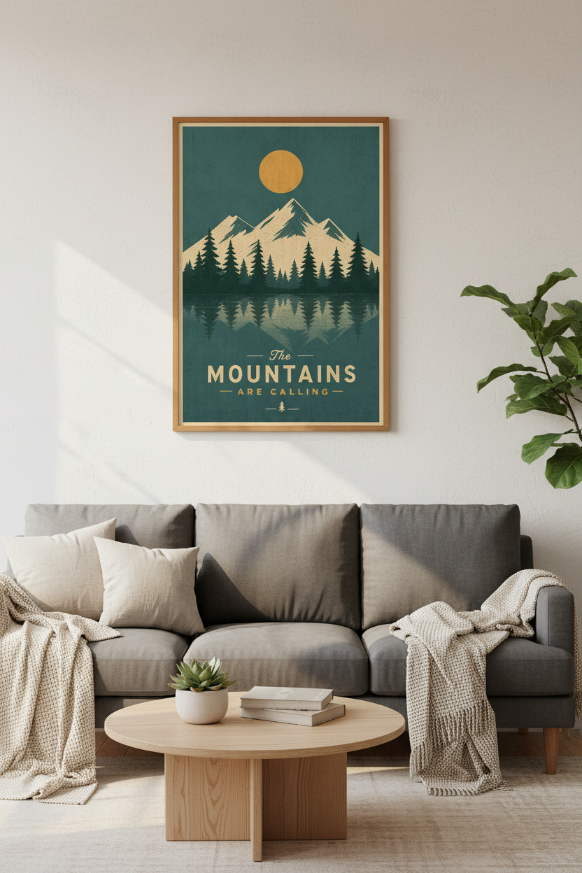 Mountain Landscape Wall Art | Retro Forest Green Poster | Nature Decor