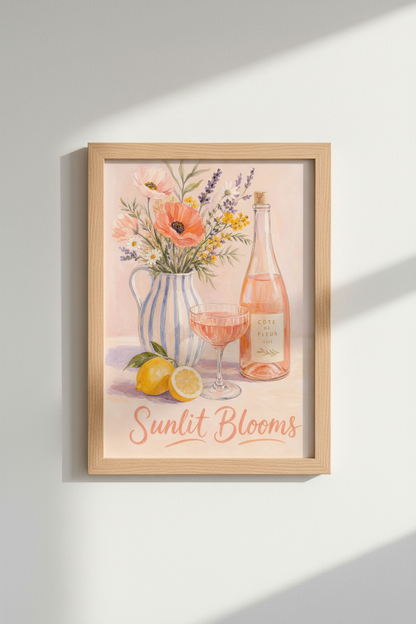 French Country Wall Art | Floral Still Life &amp; Rose Wine Poster, Pastel Kitchen Decor