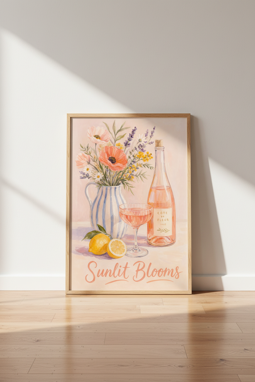 French Country Wall Art | Floral Still Life &amp; Rose Wine Poster, Pastel Kitchen Decor