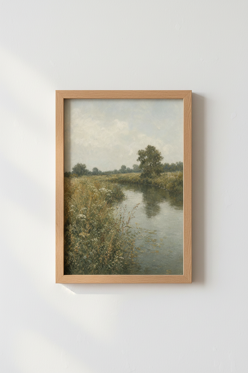 Vintage Meadow River Landscape | Muted Green Nature Poster, Living Room Decor