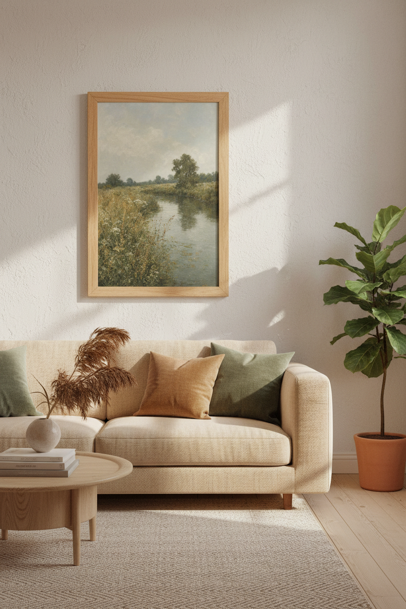 Vintage Meadow River Landscape | Muted Green Nature Poster, Living Room Decor