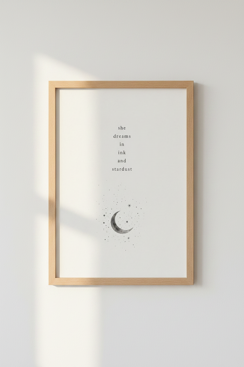 She Dreams in Ink and Stardust Wall Art | Moon &amp; Stars Print | Minimalist Quote Poster