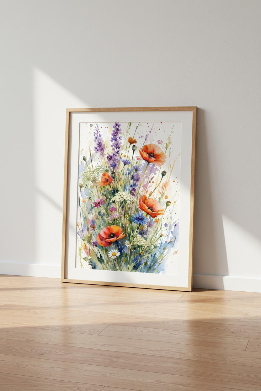 Wildflower Meadow Watercolor | Orange Poppies &amp; Lavender Print, Living Room Decor