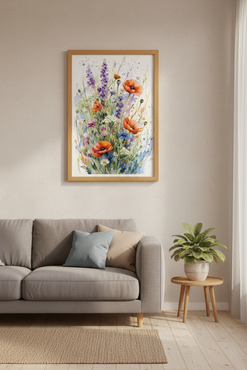 Wildflower Meadow Watercolor | Orange Poppies &amp; Lavender Print, Living Room Decor