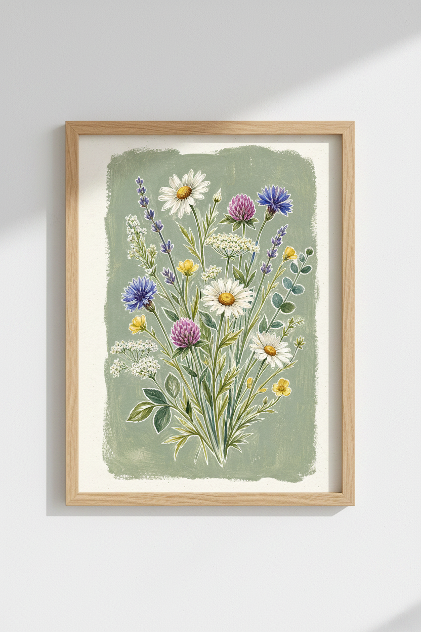 Botanical Wall Art Print | Vintage Floral Bouquet, Living Room Decor | Soft Sage Poster