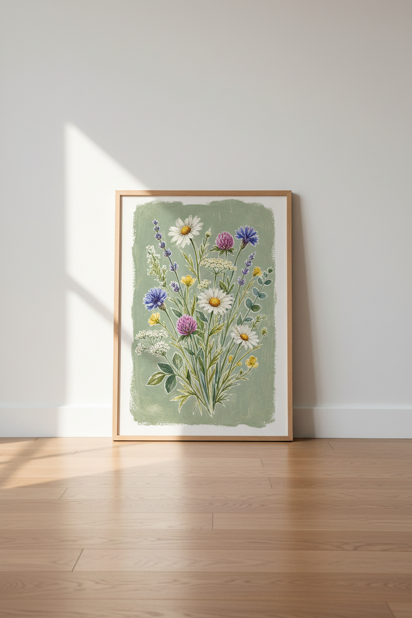 Botanical Wall Art Print | Vintage Floral Bouquet, Living Room Decor | Soft Sage Poster