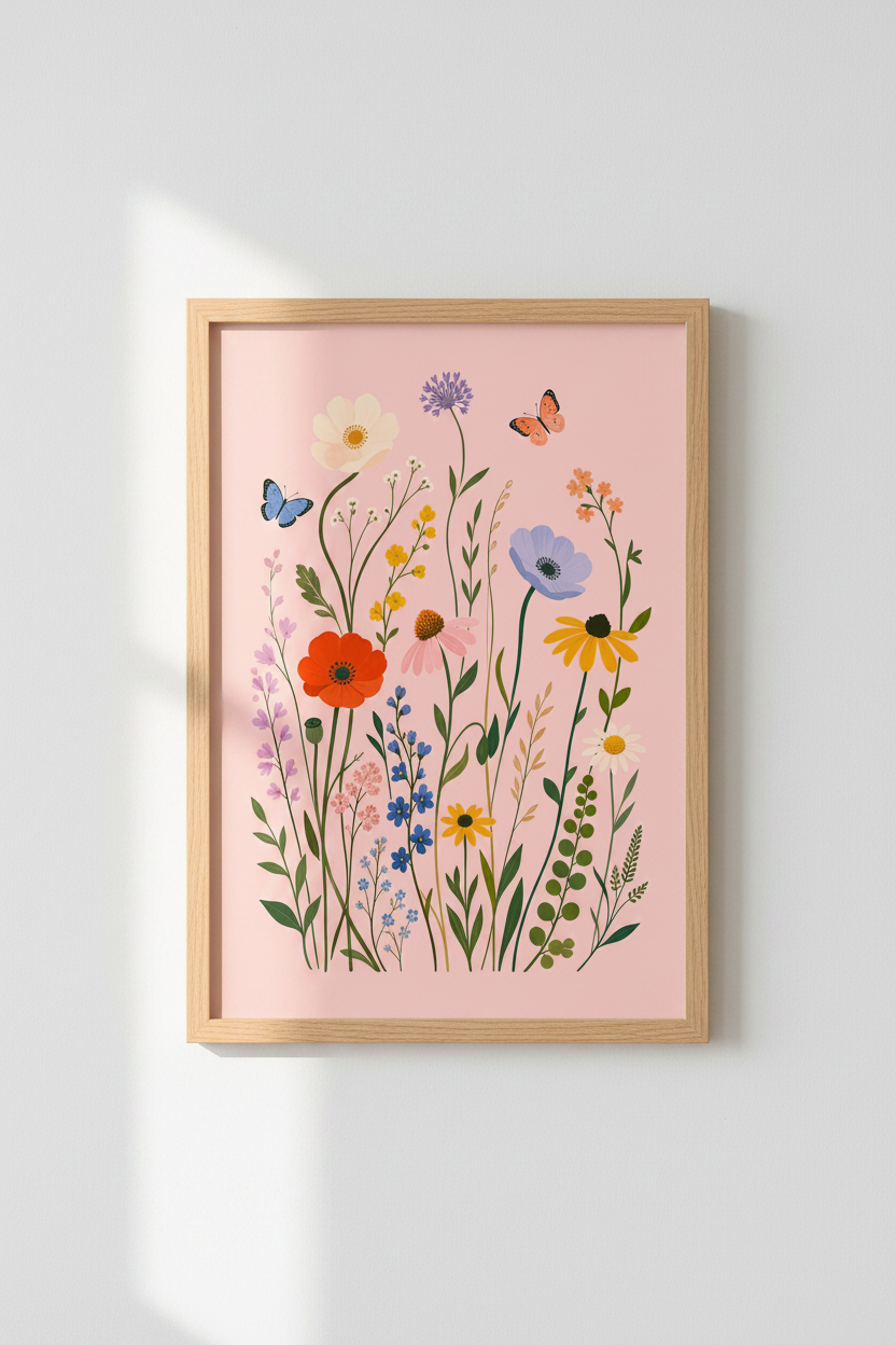 Wildflowers Pink Art Print | Botanical Floral Poster, Nursery &amp; Living Room Decor