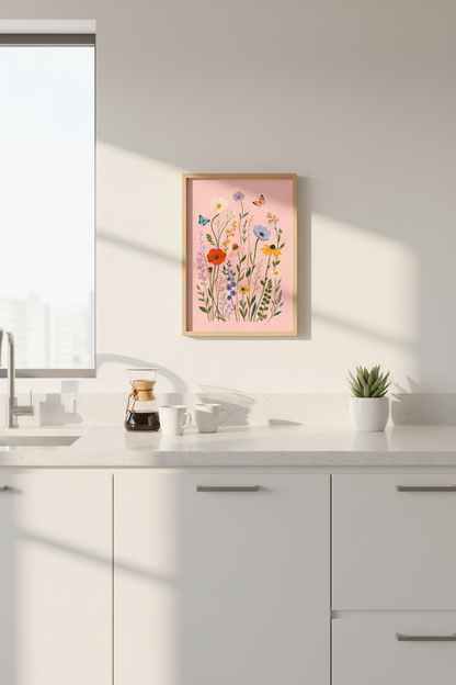 Wildflowers Pink Art Print | Botanical Floral Poster, Nursery &amp; Living Room Decor