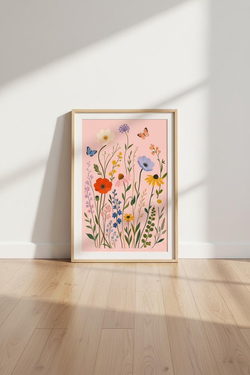 Wildflowers Pink Art Print | Botanical Floral Poster, Nursery &amp; Living Room Decor