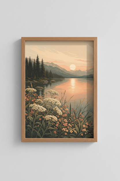 Mountain Lake Sunset Wall Art | Wildflower Landscape Poster | Serene Nature Decor