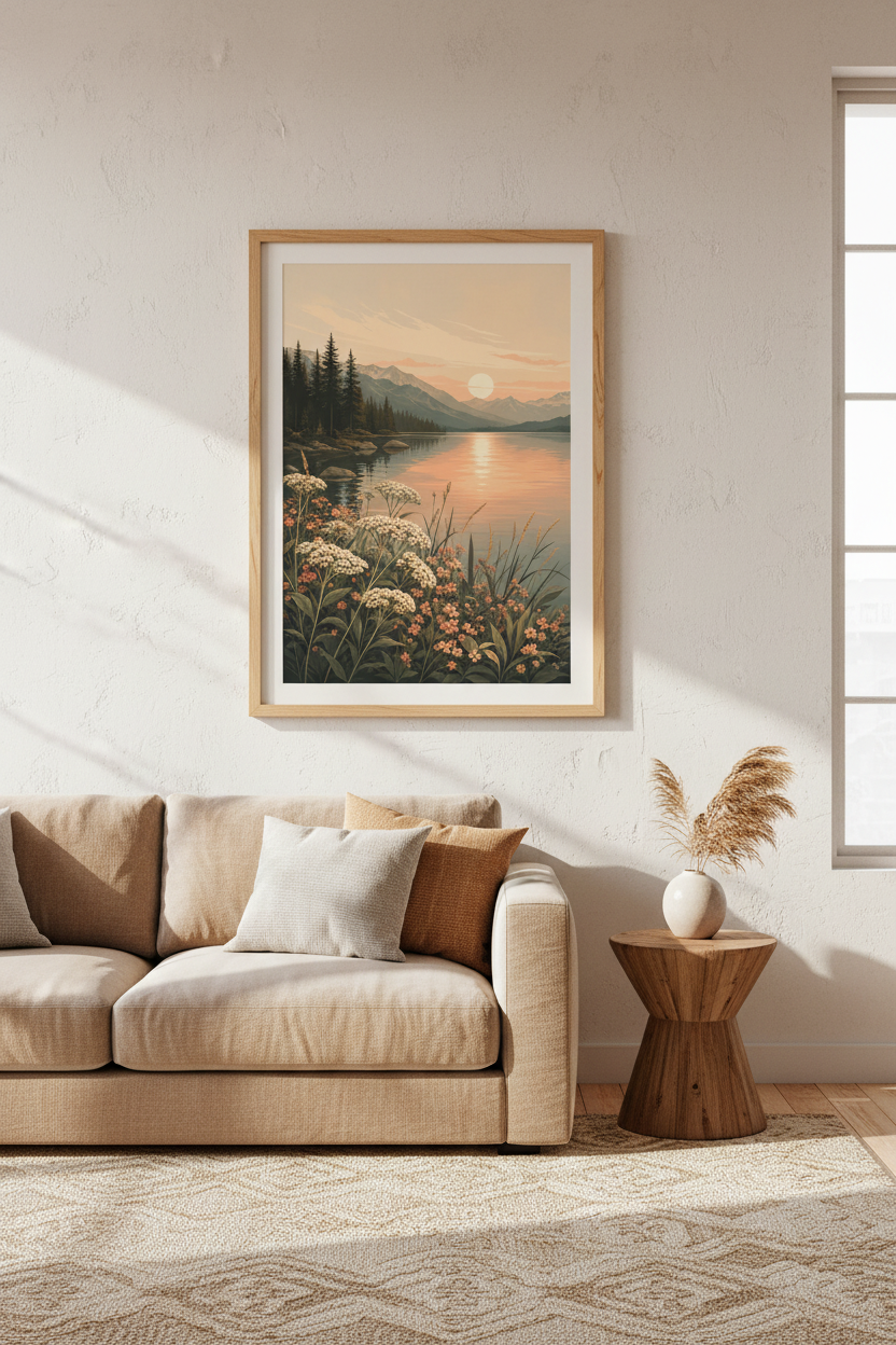 Mountain Lake Sunset Wall Art | Wildflower Landscape Poster | Serene Nature Decor
