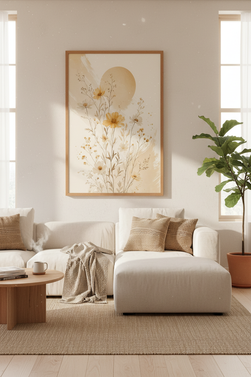 Wildflower Meadow Boho Wall Art | Warm Neutral Botanical, Living Room Decor