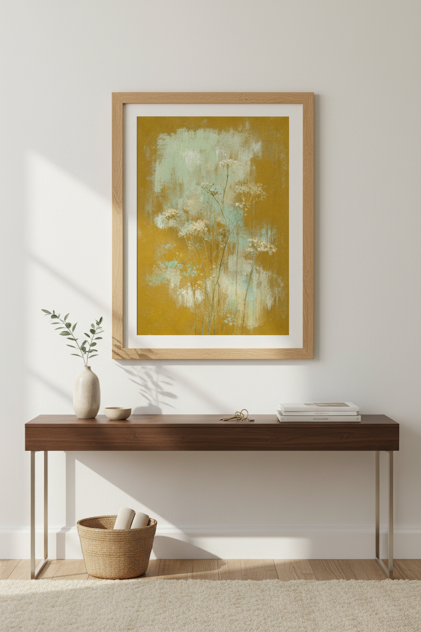 boho floral wall art | abstract mustard teal decor, living room