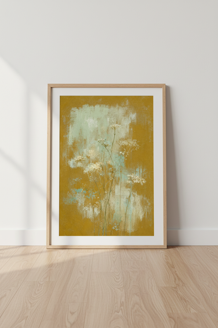 boho floral wall art | abstract mustard teal decor, living room