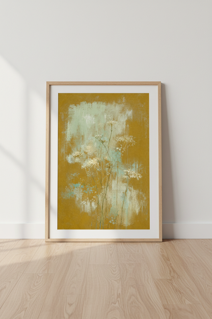 boho floral wall art | abstract mustard teal decor, living room