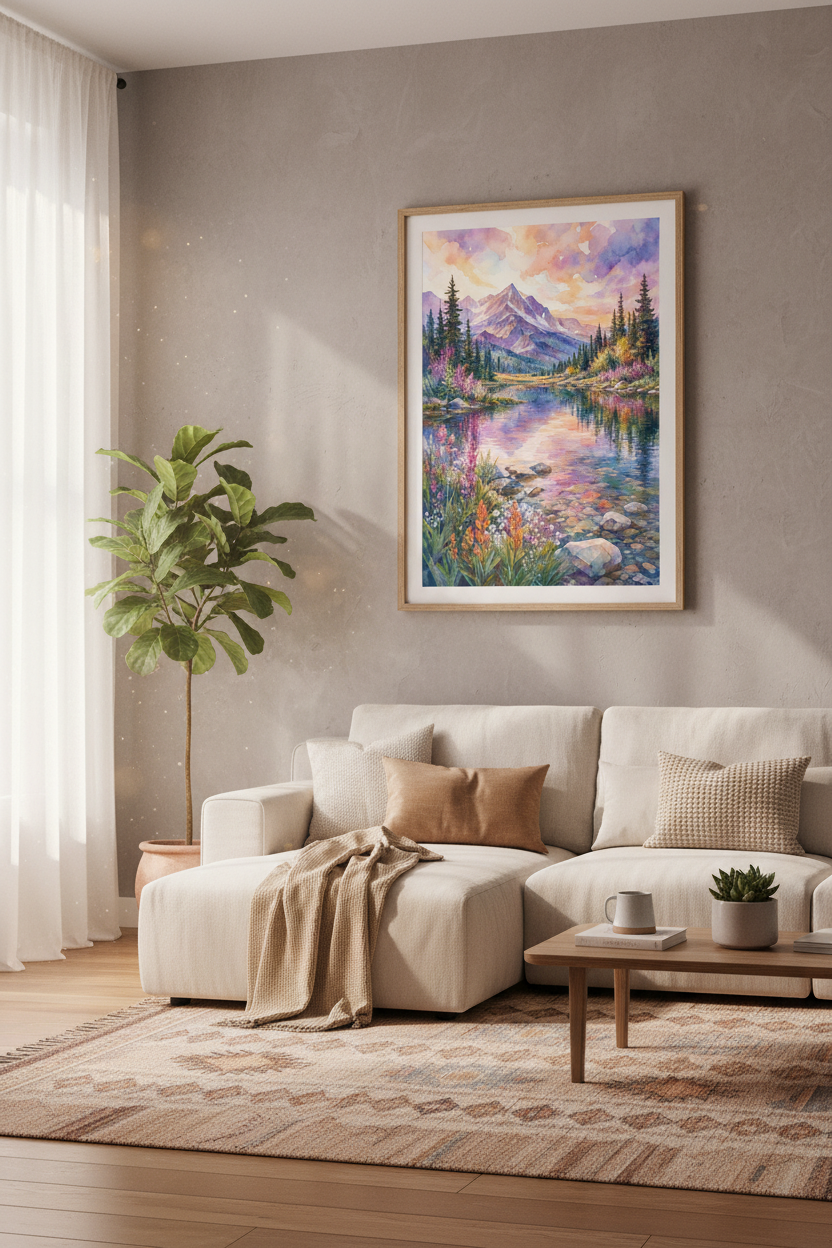 Watercolor Mountain Lake Wall Art | Sunset Nature Print, Living Room Decor
